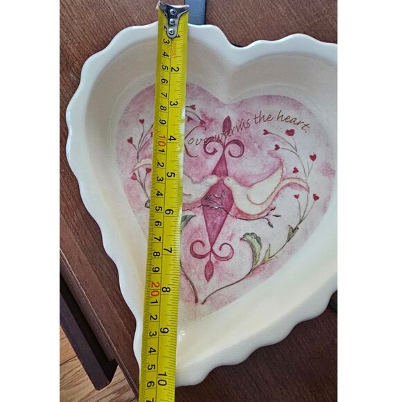 "Love Warms The Heart " Heart shaped ceramic dish, doves and flowers. - Picture 2 of 5